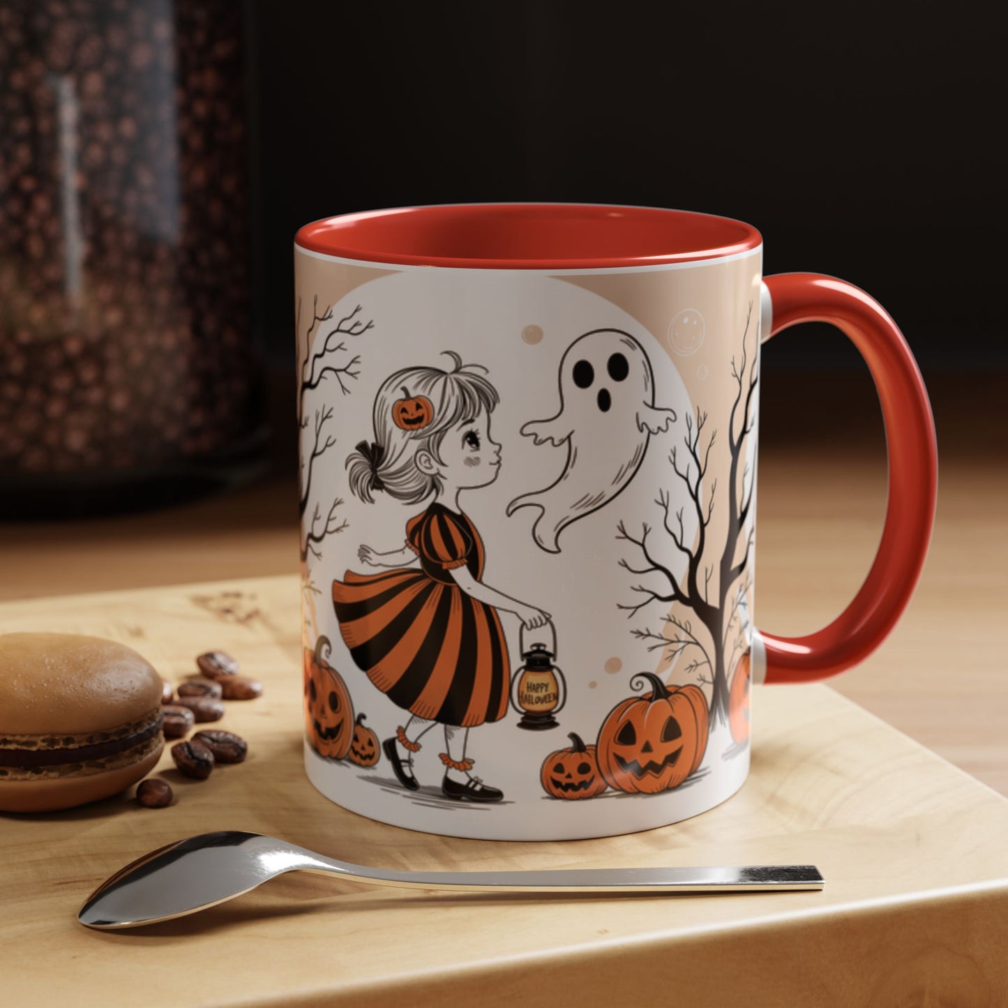 Halloween Accent Coffee Mug - Spooky Pumpkin Design, Ghost and Girl, Fall Decor, Perfect Gift for Halloween, Unique Ceramic Cup