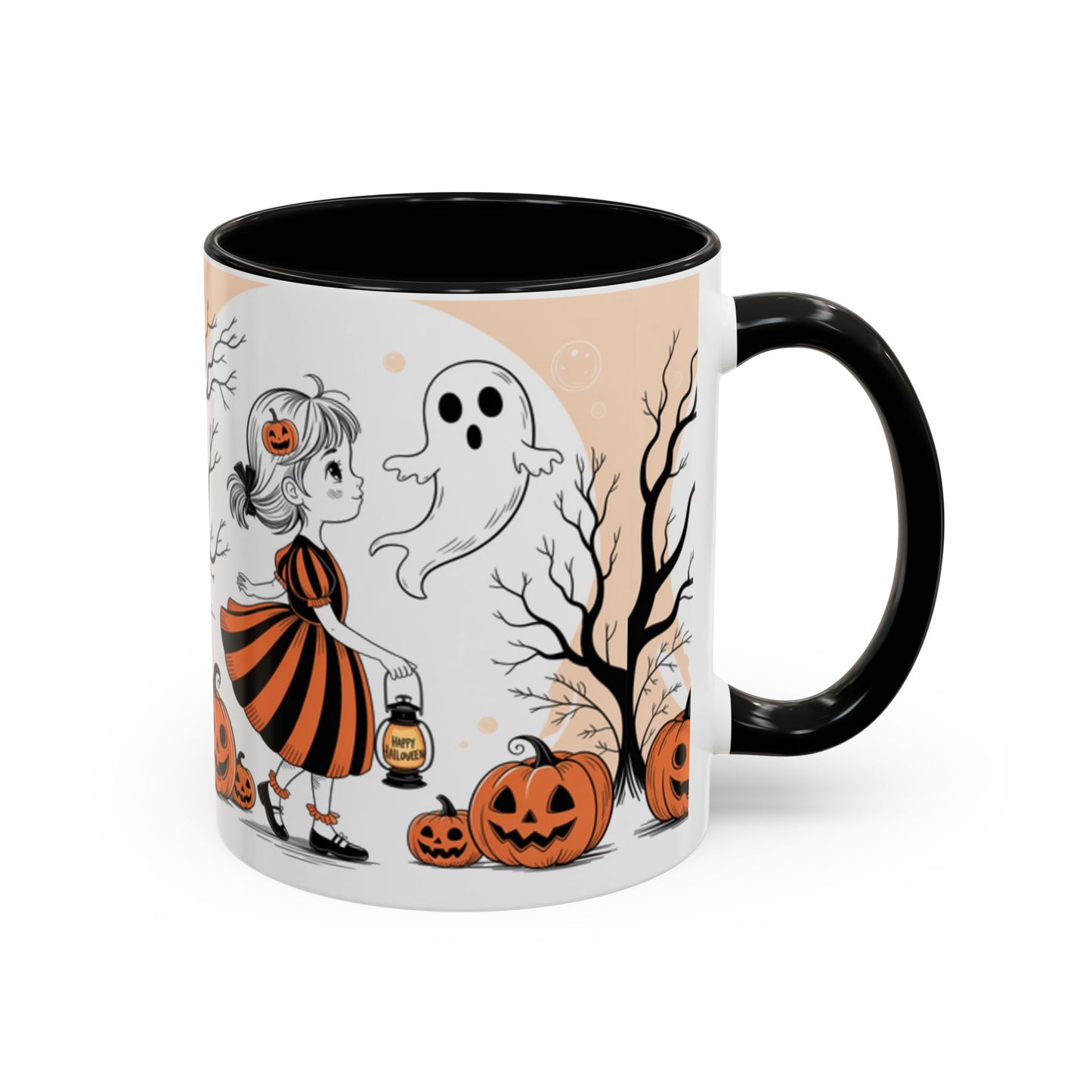 Halloween Accent Coffee Mug - Spooky Pumpkin Design, Ghost and Girl, Fall Decor, Perfect Gift for Halloween, Unique Ceramic Cup