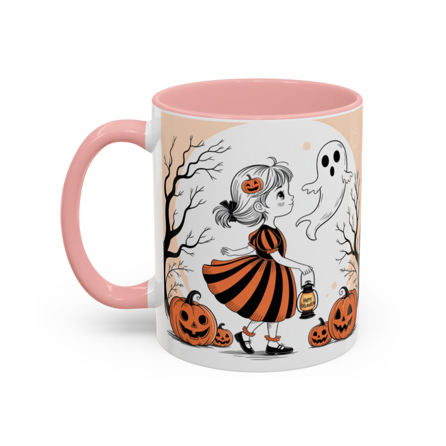Halloween Accent Coffee Mug - Spooky Pumpkin Design, Ghost and Girl, Fall Decor, Perfect Gift for Halloween, Unique Ceramic Cup