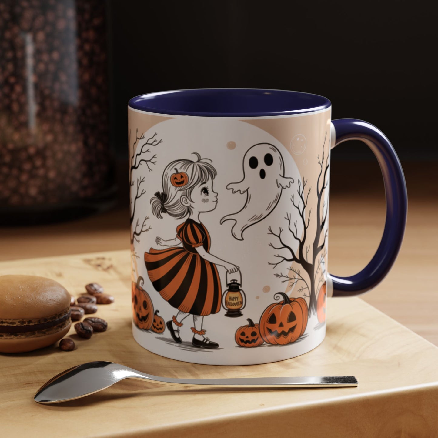 Halloween Accent Coffee Mug - Spooky Pumpkin Design, Ghost and Girl, Fall Decor, Perfect Gift for Halloween, Unique Ceramic Cup