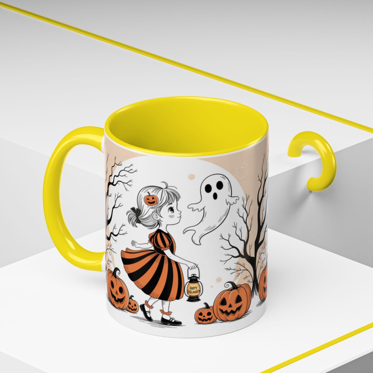 Halloween Accent Coffee Mug - Spooky Pumpkin Design, Ghost and Girl, Fall Decor, Perfect Gift for Halloween, Unique Ceramic Cup