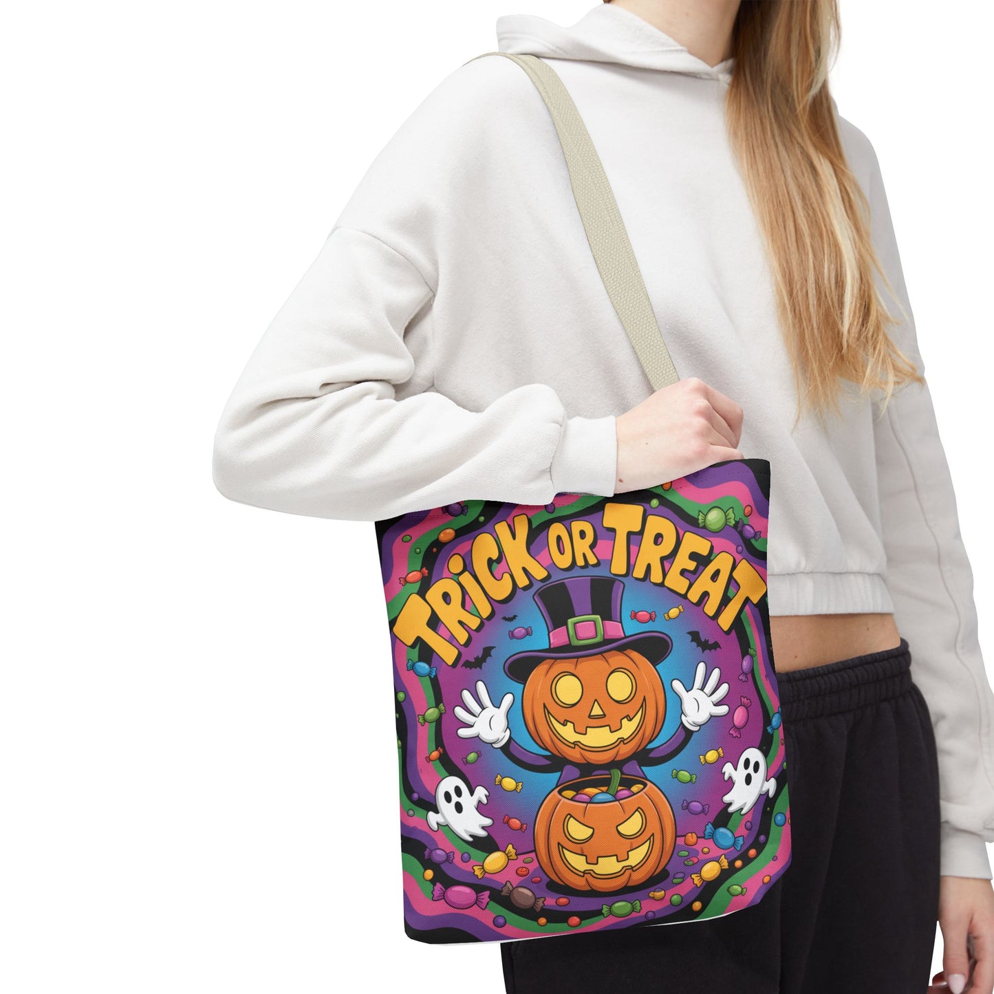 Halloween Trick or Treat Tote Bag, Spooky Autumn Shopping Bag, Pumpkin Design, Halloween Party Accessory, Reusable Gift Bag