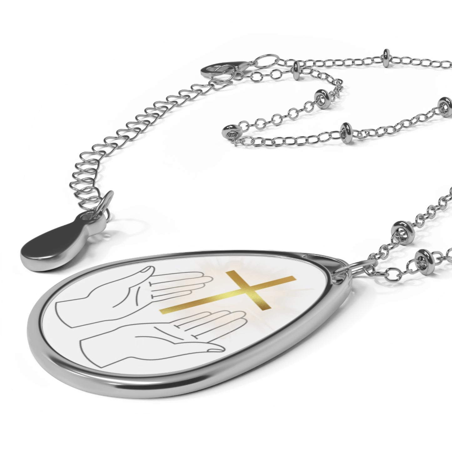 Elegant Faith Oval Necklace with Hands & Cross, Religious Jewelry, Spiritual Gift for Her, Meaningful Pendant for Celebrations