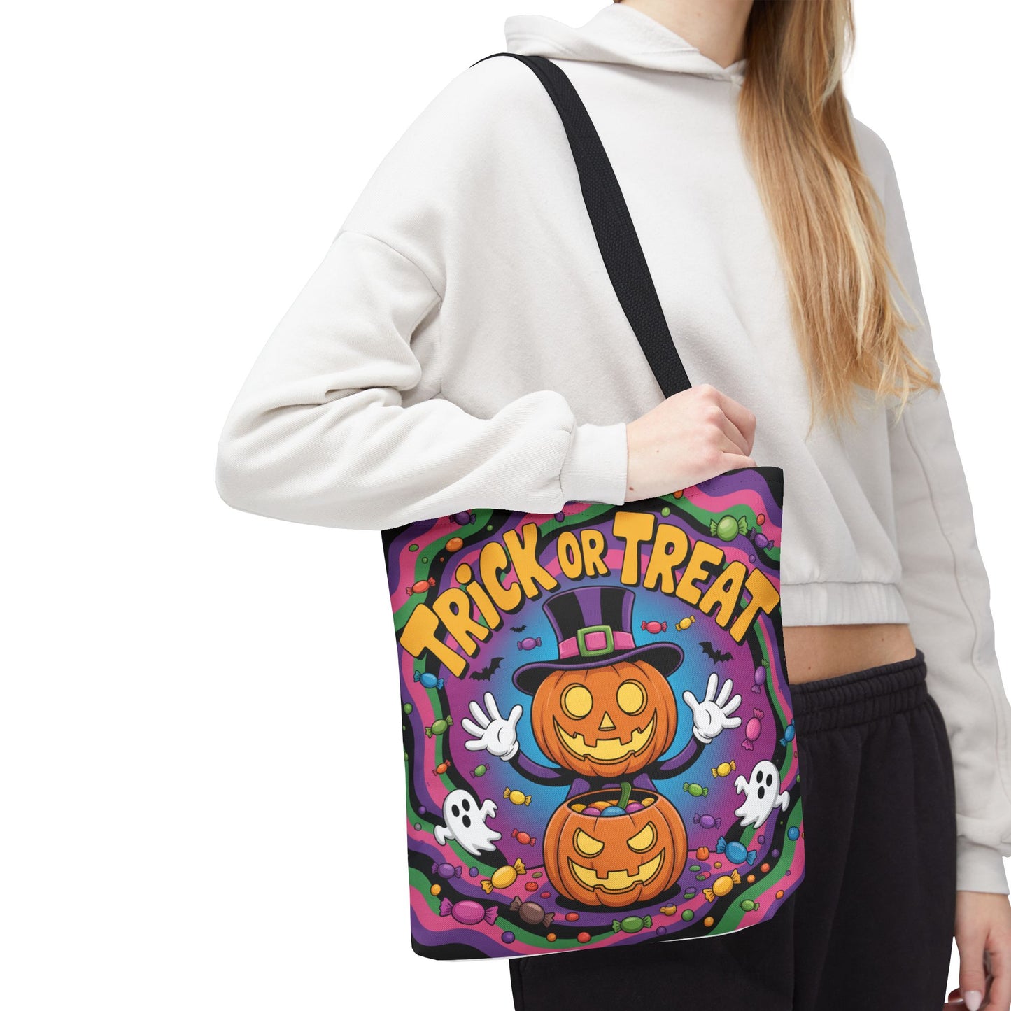 Halloween Trick or Treat Tote Bag, Spooky Autumn Shopping Bag, Pumpkin Design, Halloween Party Accessory, Reusable Gift Bag