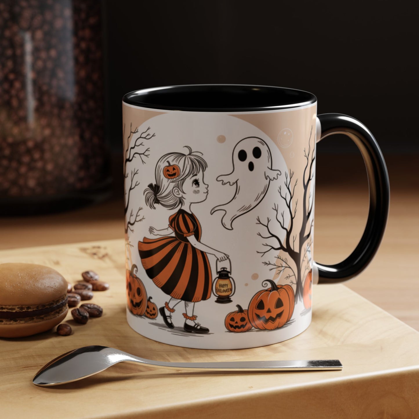 Halloween Accent Coffee Mug - Spooky Pumpkin Design, Ghost and Girl, Fall Decor, Perfect Gift for Halloween, Unique Ceramic Cup