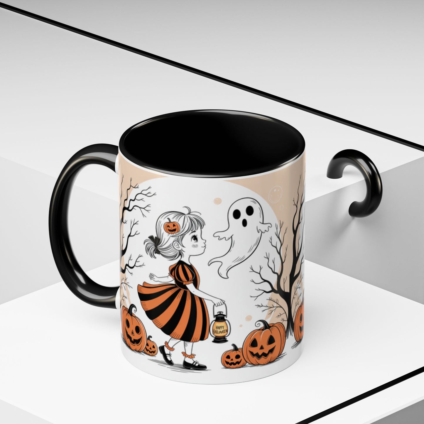 Halloween Accent Coffee Mug - Spooky Pumpkin Design, Ghost and Girl, Fall Decor, Perfect Gift for Halloween, Unique Ceramic Cup