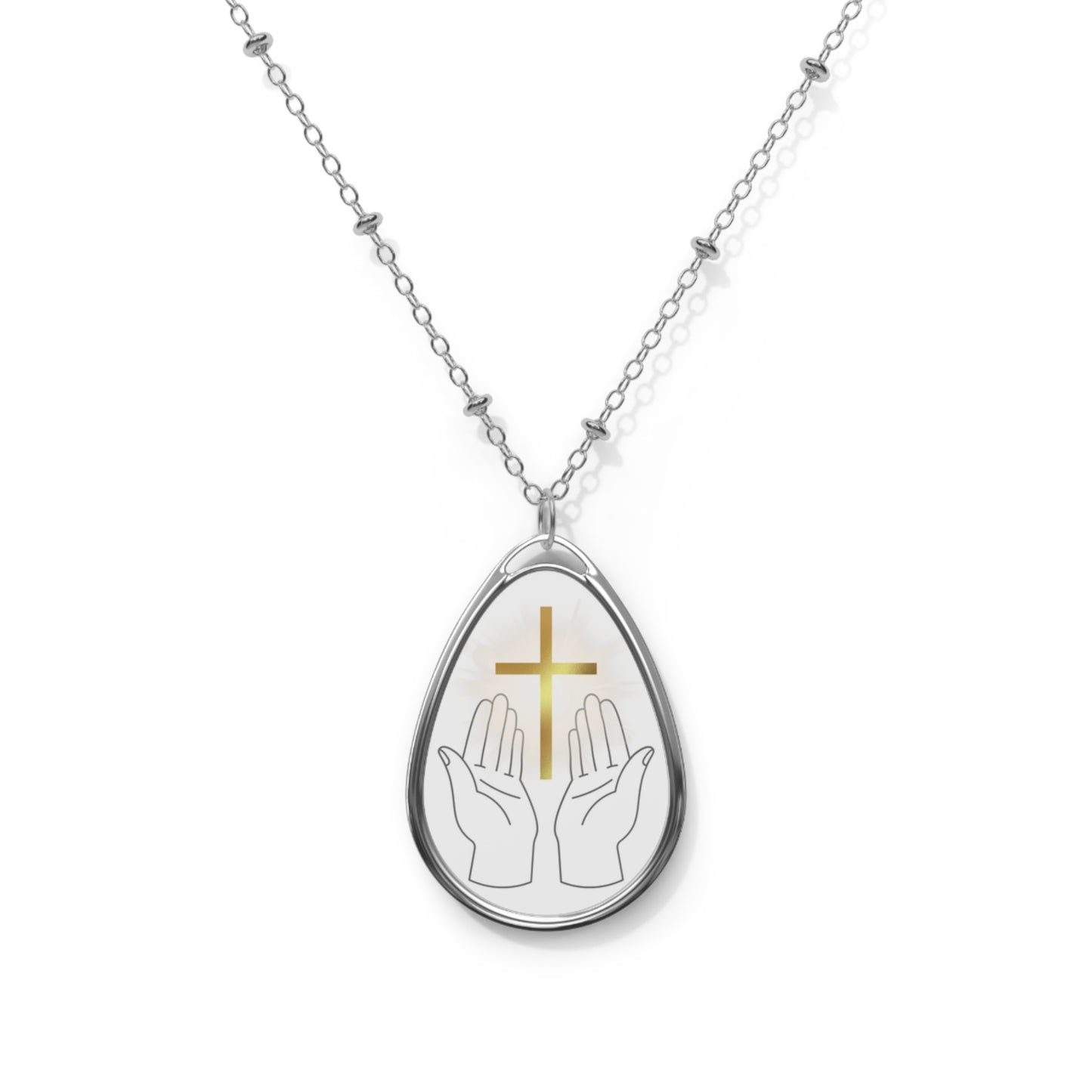 Elegant Faith Oval Necklace with Hands & Cross, Religious Jewelry, Spiritual Gift for Her, Meaningful Pendant for Celebrations