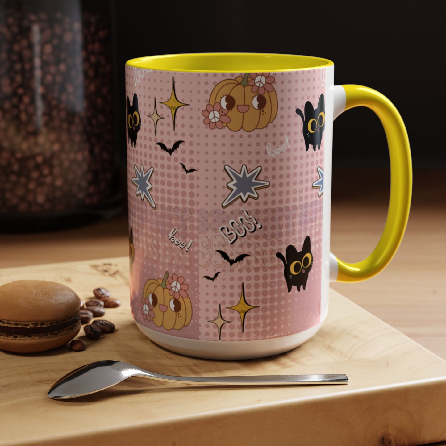 Whimsical Halloween Accent Coffee Mug, Cute Cat & Pumpkin Design, Perfect Gift for Cat Lovers, Holiday Decor, Spooky Season