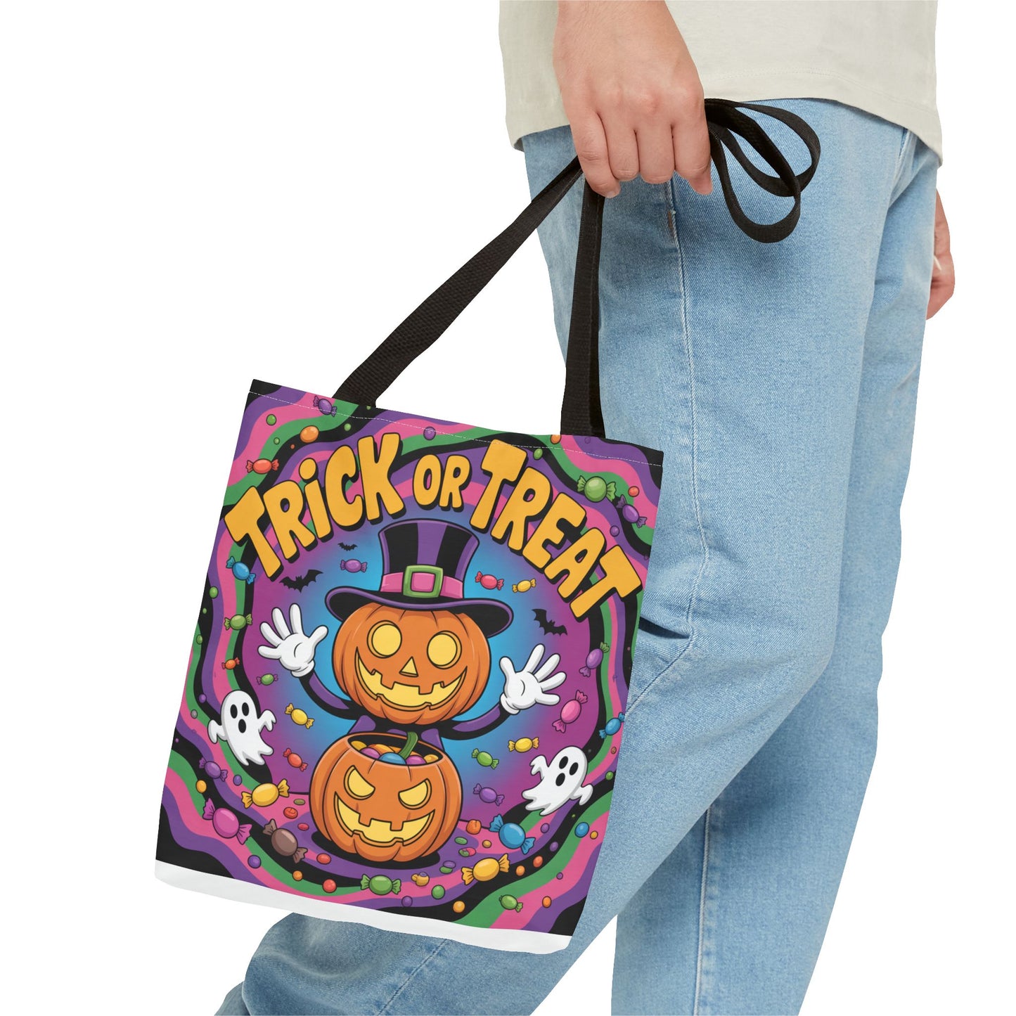 Halloween Trick or Treat Tote Bag, Spooky Autumn Shopping Bag, Pumpkin Design, Halloween Party Accessory, Reusable Gift Bag
