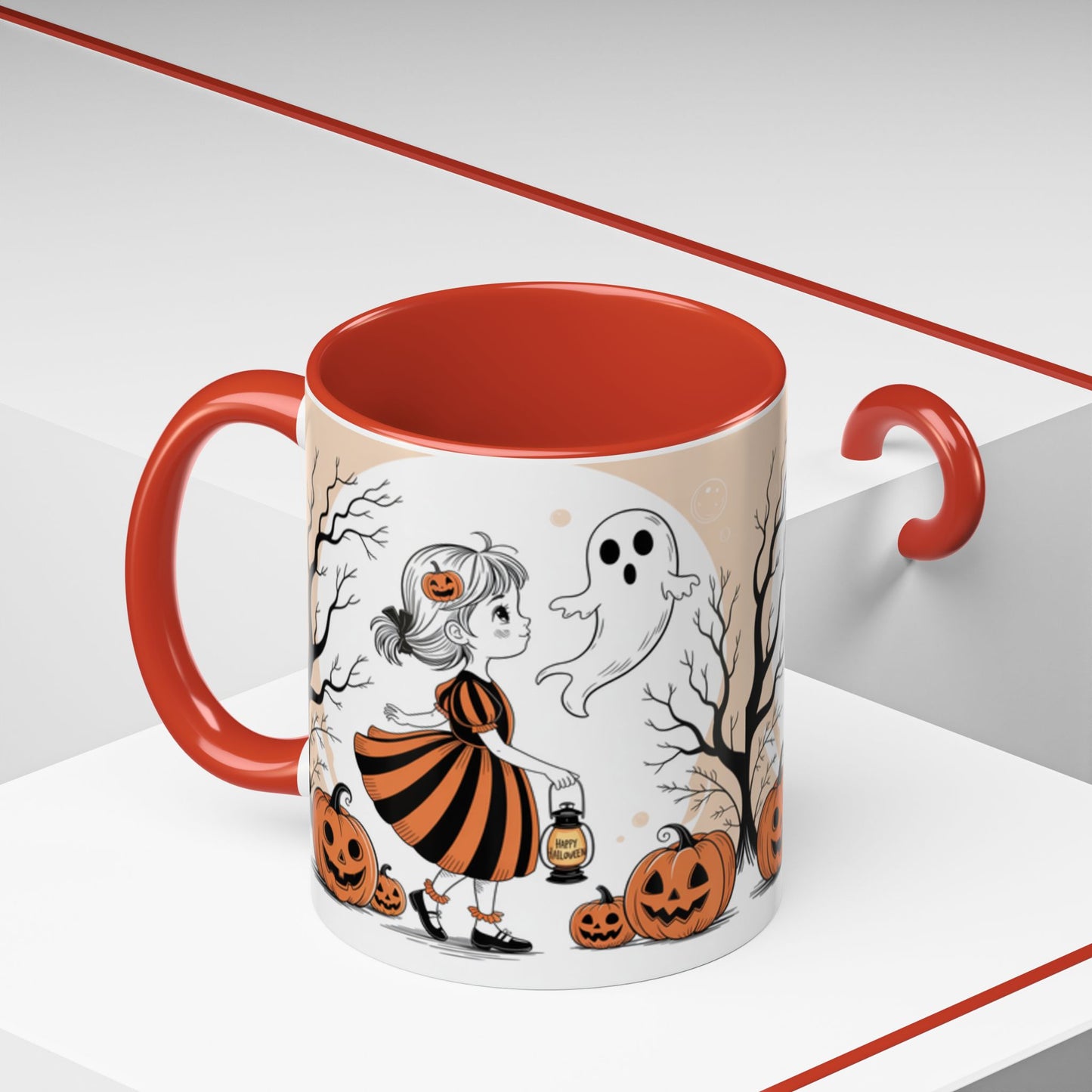 Halloween Accent Coffee Mug - Spooky Pumpkin Design, Ghost and Girl, Fall Decor, Perfect Gift for Halloween, Unique Ceramic Cup