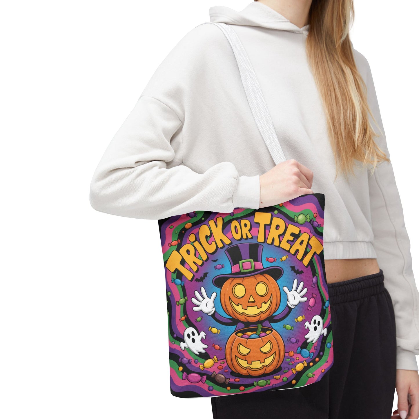 Halloween Trick or Treat Tote Bag, Spooky Autumn Shopping Bag, Pumpkin Design, Halloween Party Accessory, Reusable Gift Bag