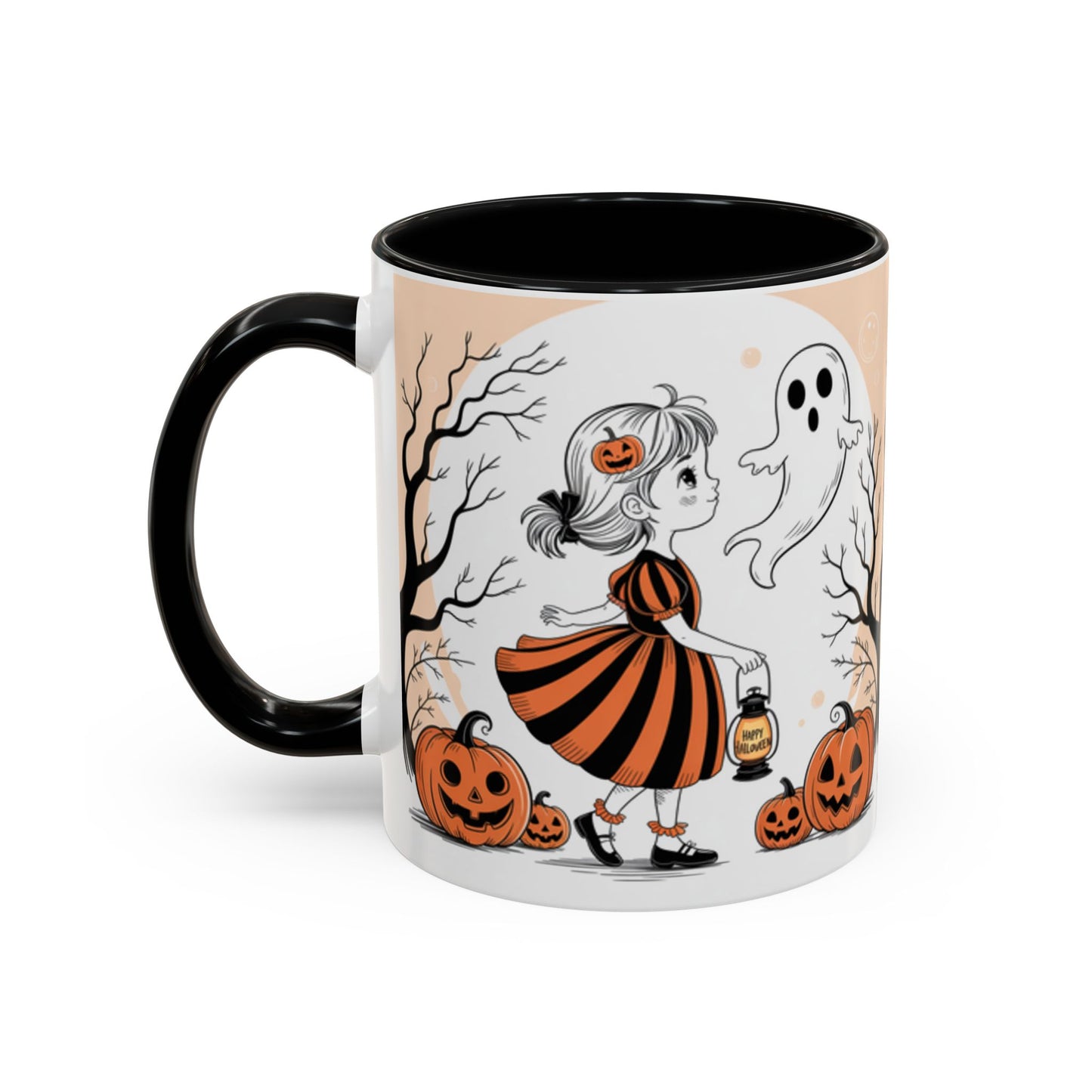 Halloween Accent Coffee Mug - Spooky Pumpkin Design, Ghost and Girl, Fall Decor, Perfect Gift for Halloween, Unique Ceramic Cup