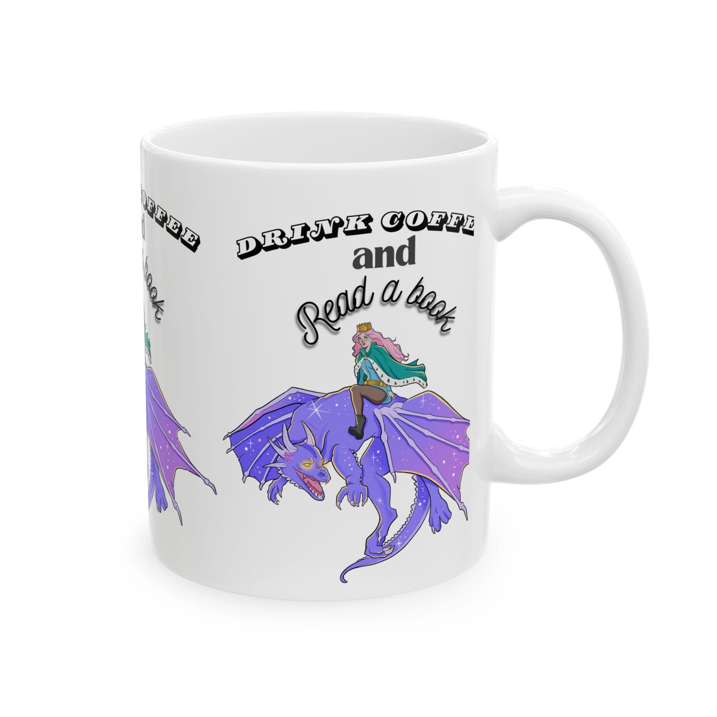 Ceramic Mug with Fantasy Design - Drink Coffee and Read a Book, Gift for Book Lovers, Fantasy Art Mug, Dragon Coffee Cup, Cozy Reading Gift