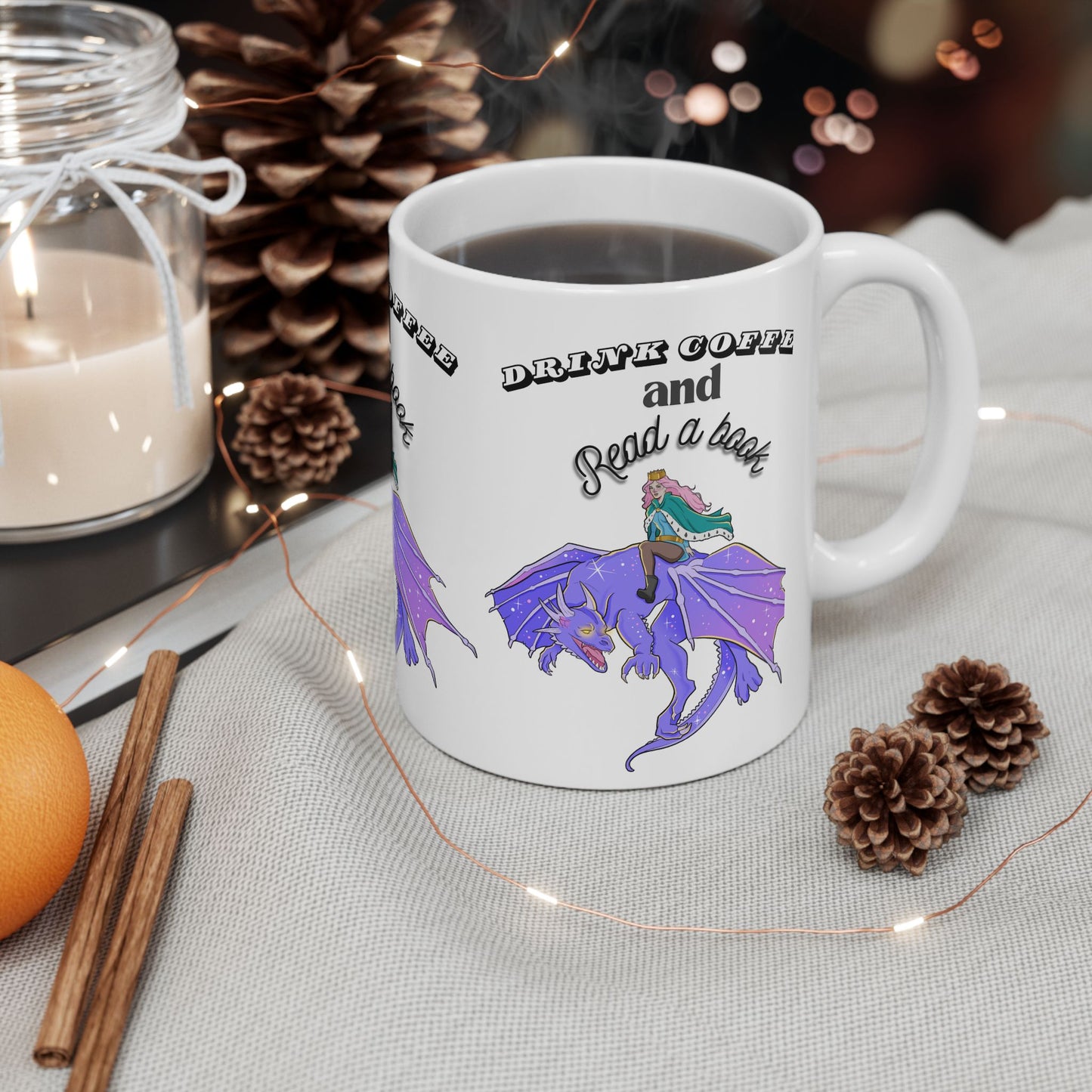 Ceramic Mug with Fantasy Design - Drink Coffee and Read a Book, Gift for Book Lovers, Fantasy Art Mug, Dragon Coffee Cup, Cozy Reading Gift