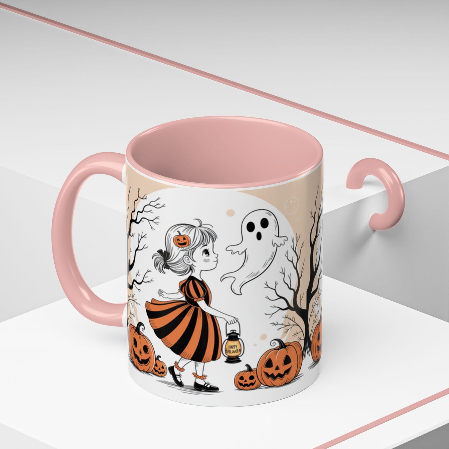 Halloween Accent Coffee Mug - Spooky Pumpkin Design, Ghost and Girl, Fall Decor, Perfect Gift for Halloween, Unique Ceramic Cup