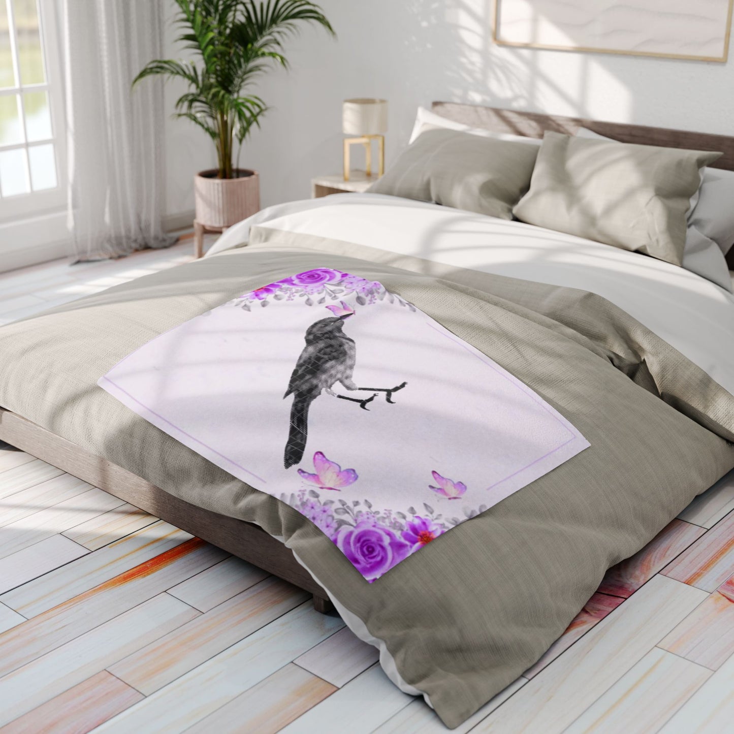 Cozy Floral Fleece Blanket with Bird Design, Gift for Nature Lovers, Throw Blanket, Purple Flower Blanket, Relaxation