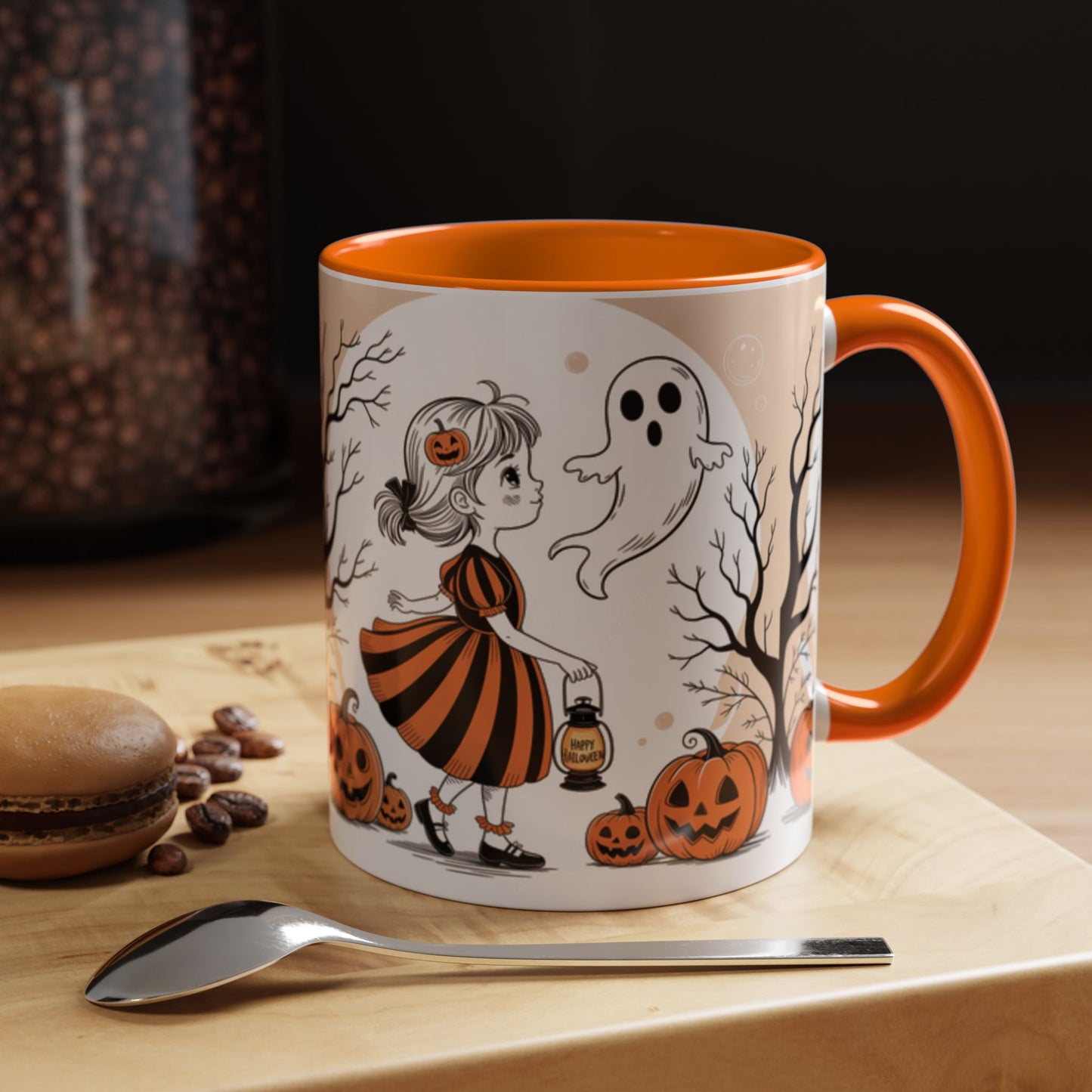 Halloween Accent Coffee Mug - Spooky Pumpkin Design, Ghost and Girl, Fall Decor, Perfect Gift for Halloween, Unique Ceramic Cup