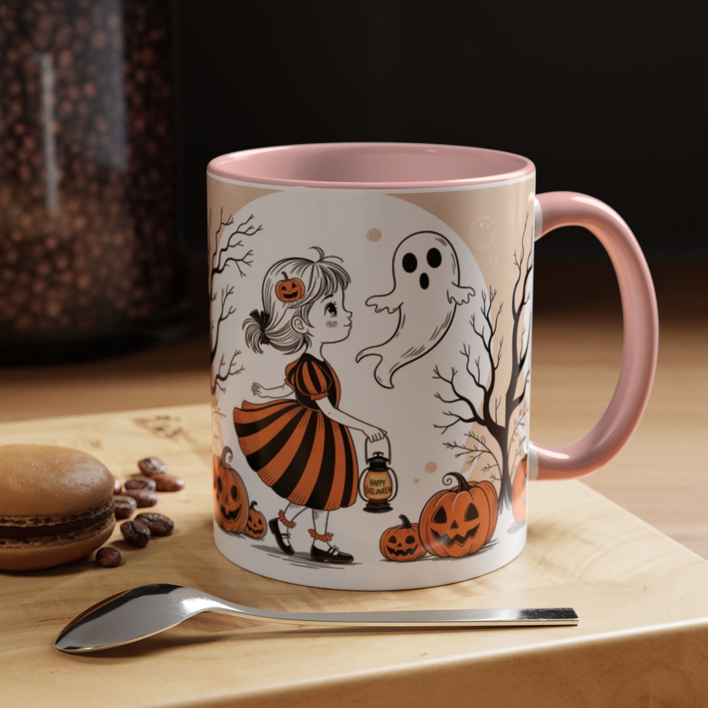 Halloween Accent Coffee Mug - Spooky Pumpkin Design, Ghost and Girl, Fall Decor, Perfect Gift for Halloween, Unique Ceramic Cup