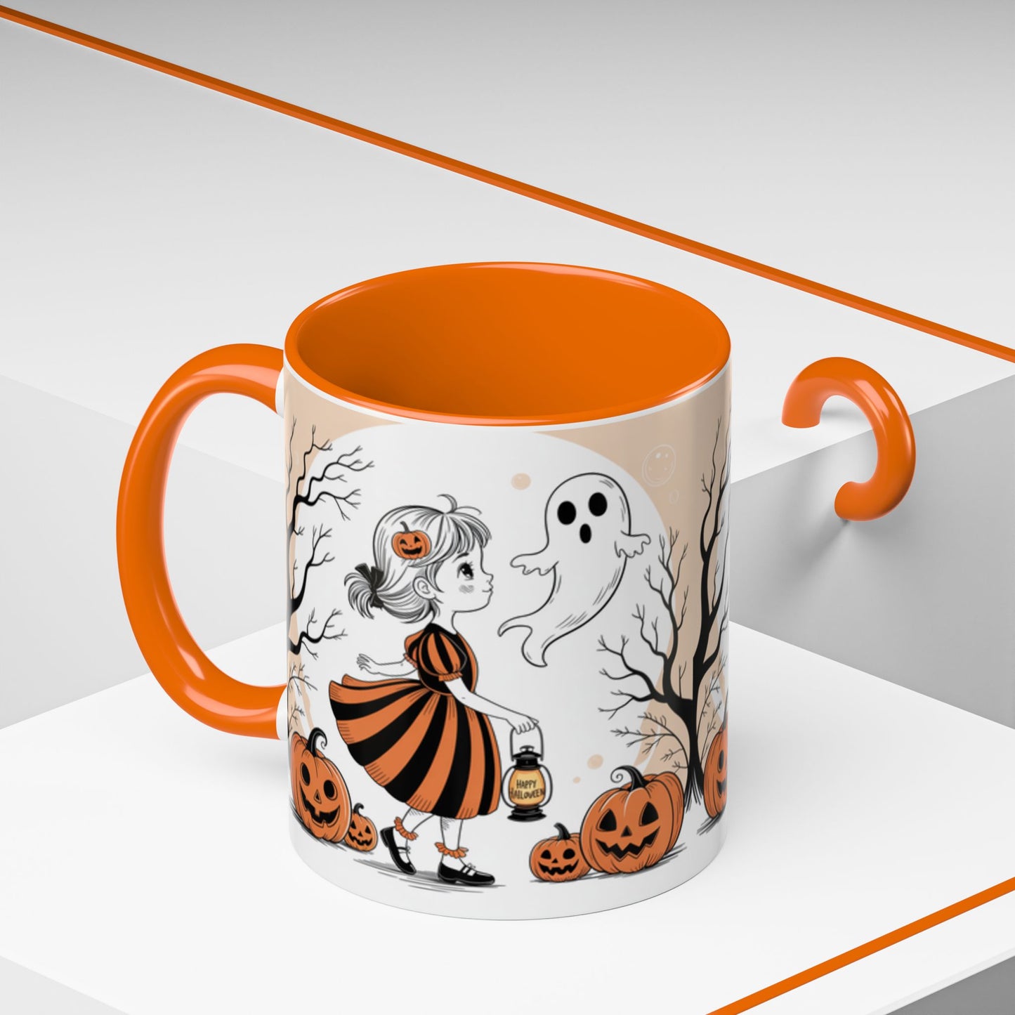Halloween Accent Coffee Mug - Spooky Pumpkin Design, Ghost and Girl, Fall Decor, Perfect Gift for Halloween, Unique Ceramic Cup