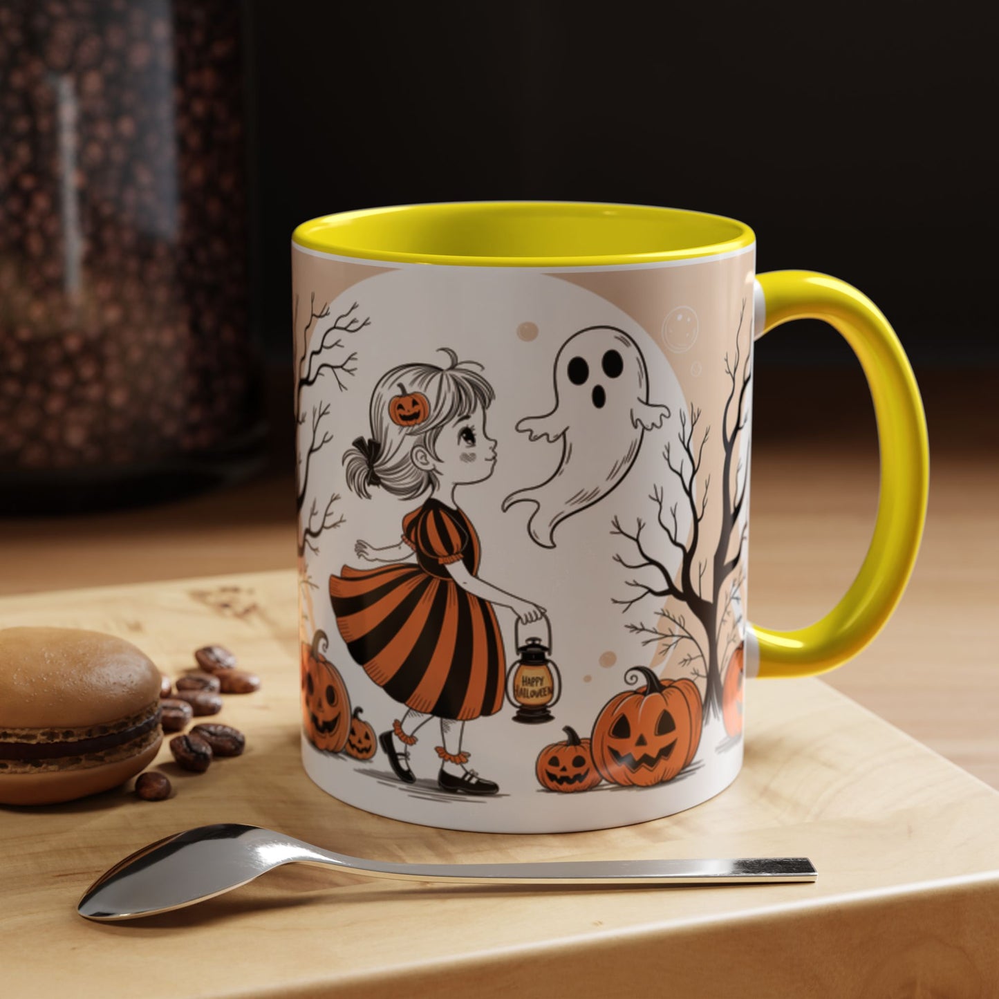 Halloween Accent Coffee Mug - Spooky Pumpkin Design, Ghost and Girl, Fall Decor, Perfect Gift for Halloween, Unique Ceramic Cup