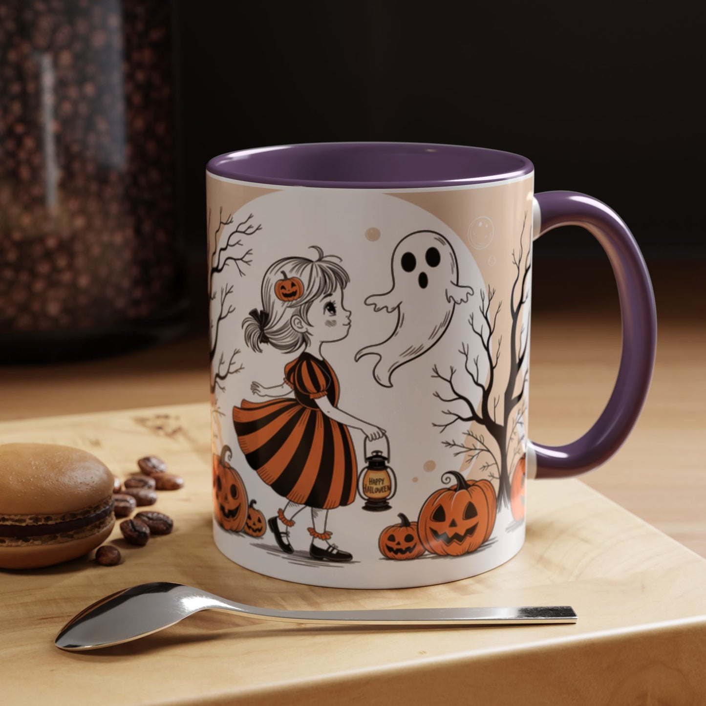 Halloween Accent Coffee Mug - Spooky Pumpkin Design, Ghost and Girl, Fall Decor, Perfect Gift for Halloween, Unique Ceramic Cup