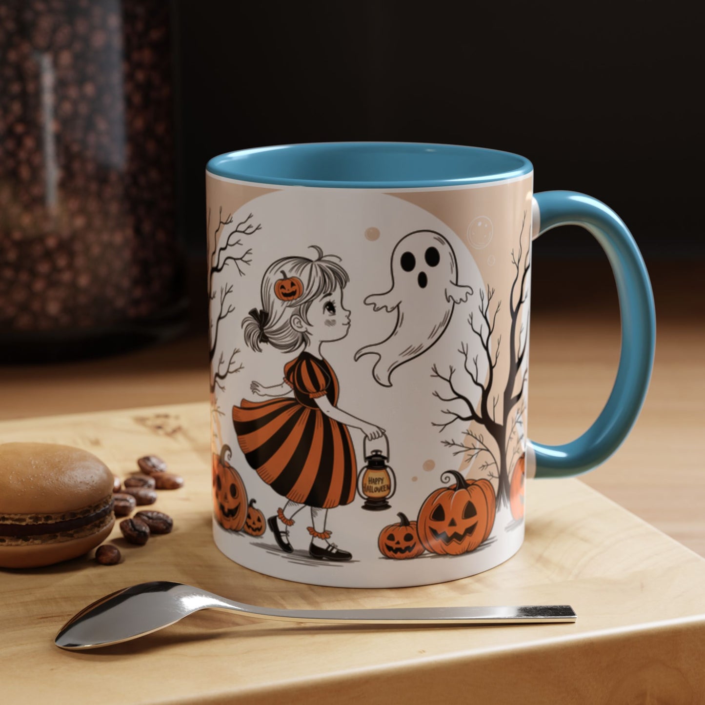 Halloween Accent Coffee Mug - Spooky Pumpkin Design, Ghost and Girl, Fall Decor, Perfect Gift for Halloween, Unique Ceramic Cup