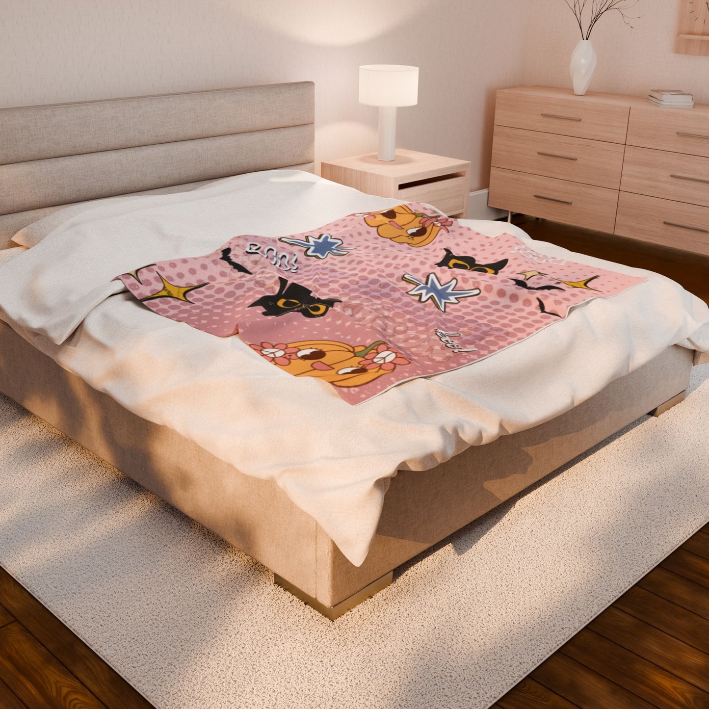 Whimsical Cat Halloween Plush Blanket, Cozy Throw for Fall Decor, Cute Gift for Cat Lovers, Autumn Nights, Spooky Season