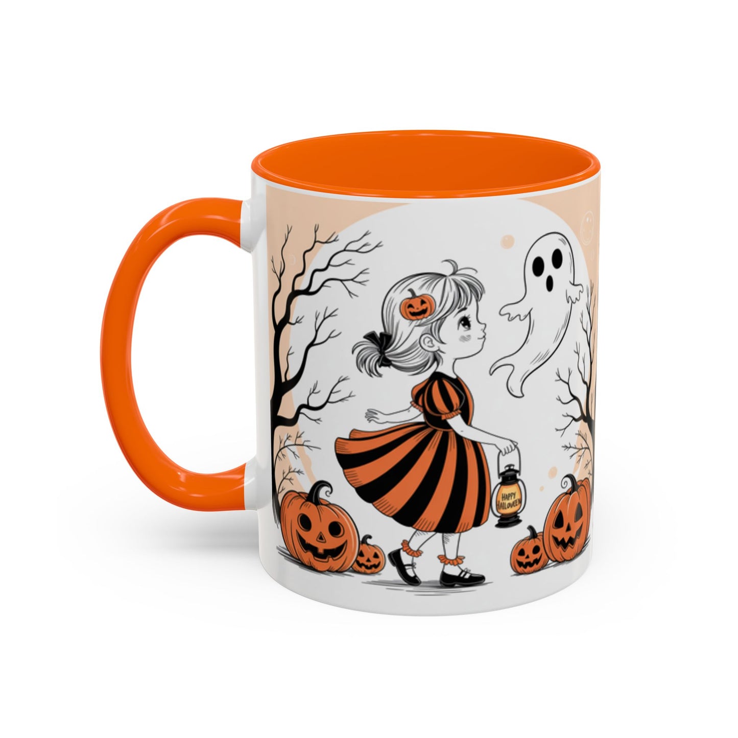 Halloween Accent Coffee Mug - Spooky Pumpkin Design, Ghost and Girl, Fall Decor, Perfect Gift for Halloween, Unique Ceramic Cup