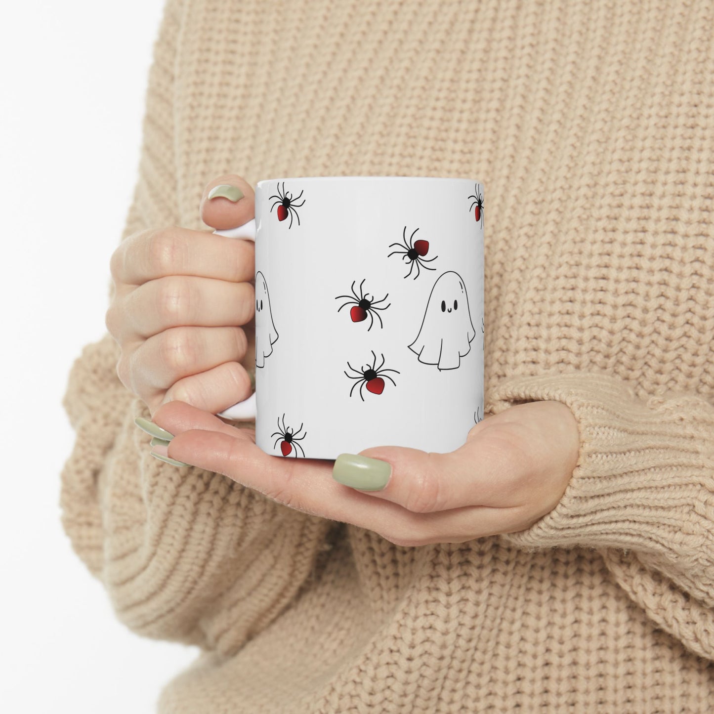 Cute Halloween Ghost and Spider Ceramic Mug, Spooky Coffee Cup, Halloween Decor, Ghost Lover Gift, 11oz, 15oz