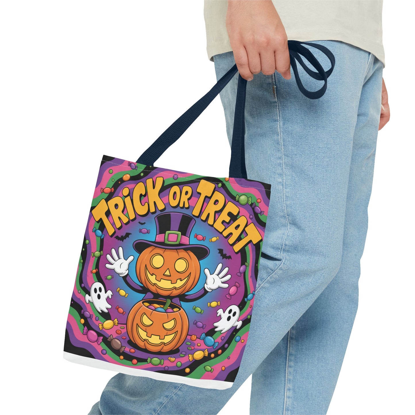 Halloween Trick or Treat Tote Bag, Spooky Autumn Shopping Bag, Pumpkin Design, Halloween Party Accessory, Reusable Gift Bag