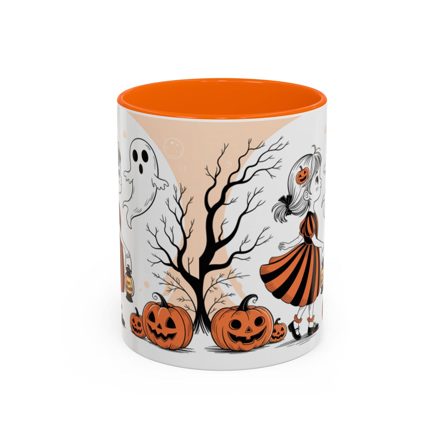 Halloween Accent Coffee Mug - Spooky Pumpkin Design, Ghost and Girl, Fall Decor, Perfect Gift for Halloween, Unique Ceramic Cup