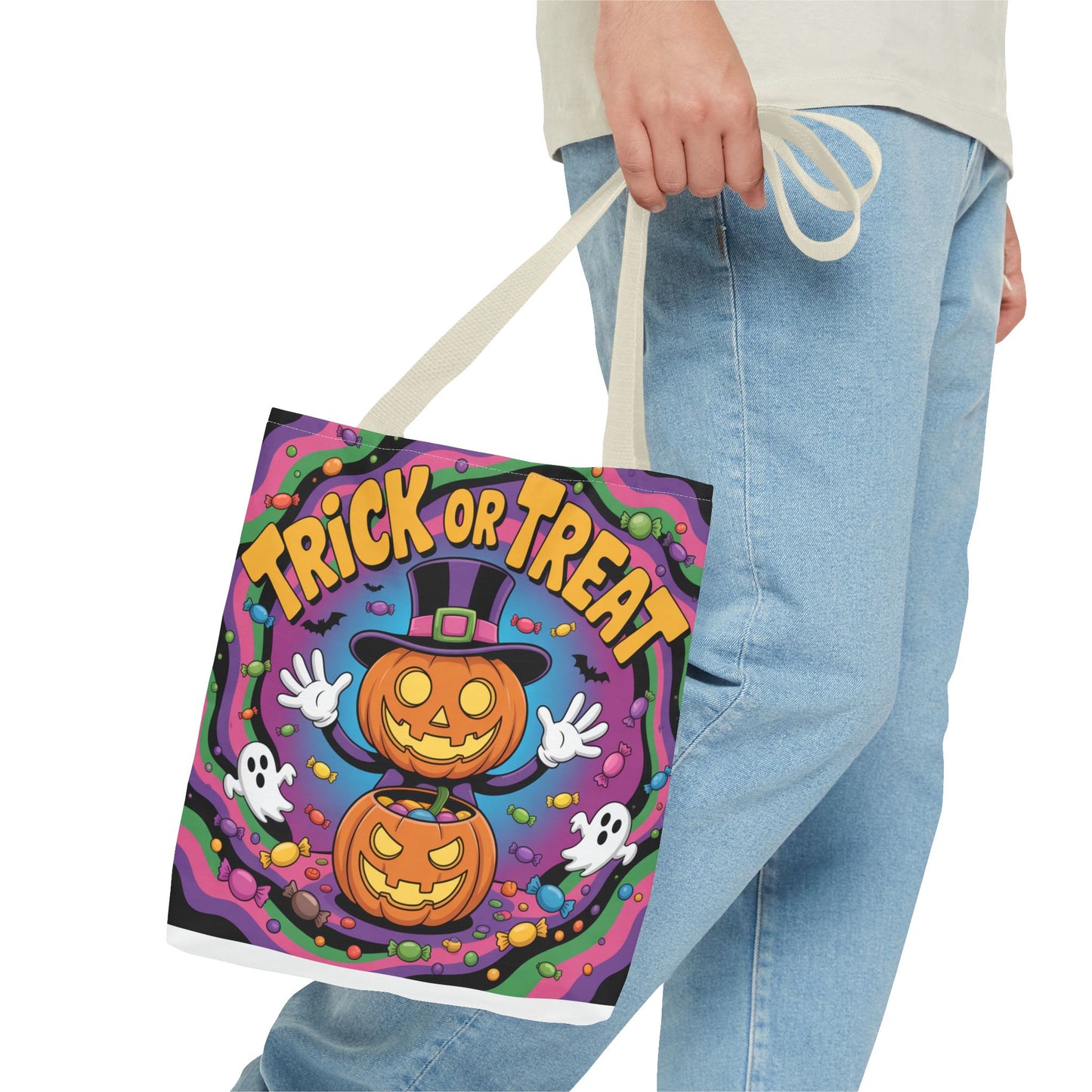 Halloween Trick or Treat Tote Bag, Spooky Autumn Shopping Bag, Pumpkin Design, Halloween Party Accessory, Reusable Gift Bag