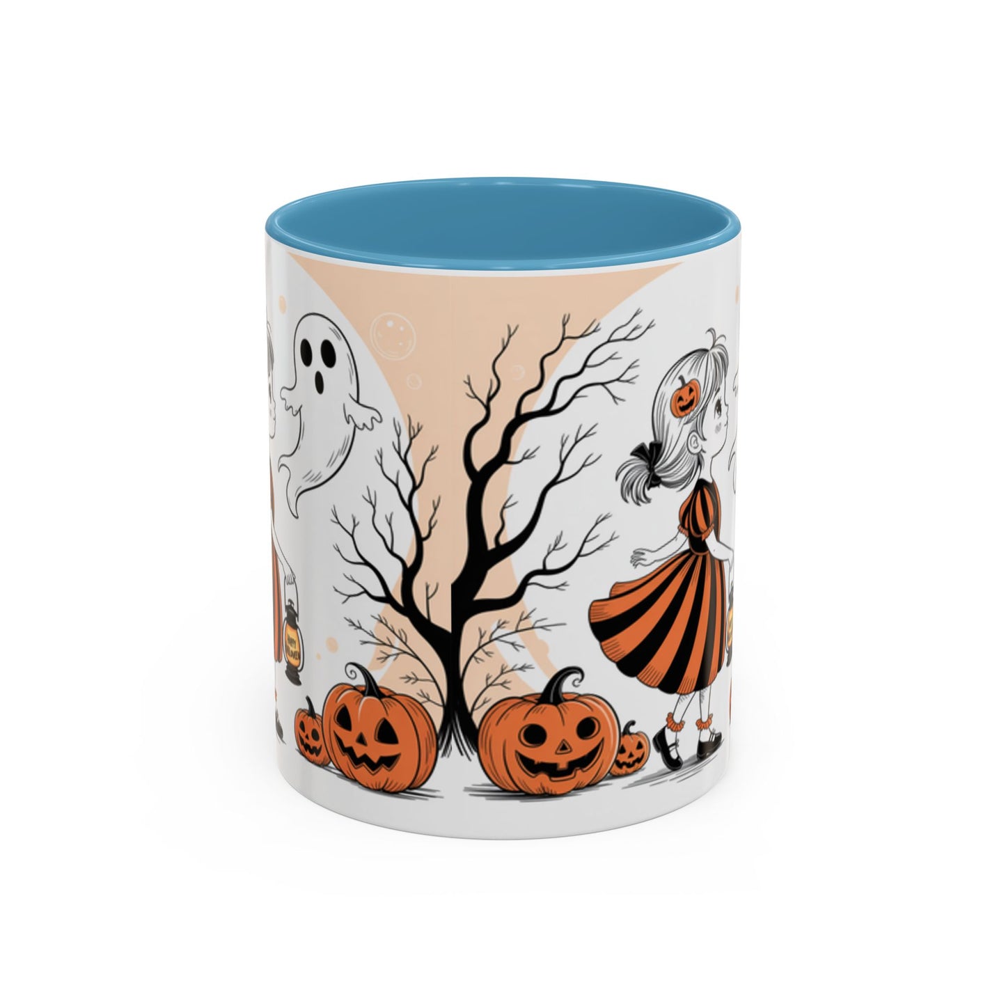 Halloween Accent Coffee Mug - Spooky Pumpkin Design, Ghost and Girl, Fall Decor, Perfect Gift for Halloween, Unique Ceramic Cup