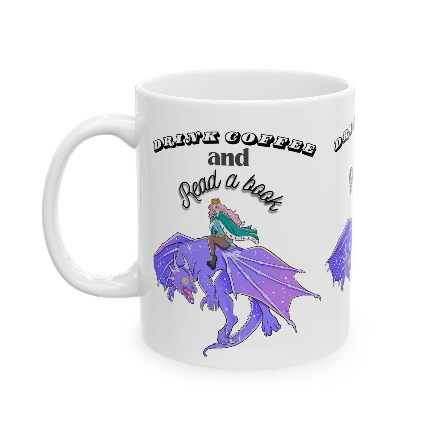 Ceramic Mug with Fantasy Design - Drink Coffee and Read a Book, Gift for Book Lovers, Fantasy Art Mug, Dragon Coffee Cup, Cozy Reading Gift