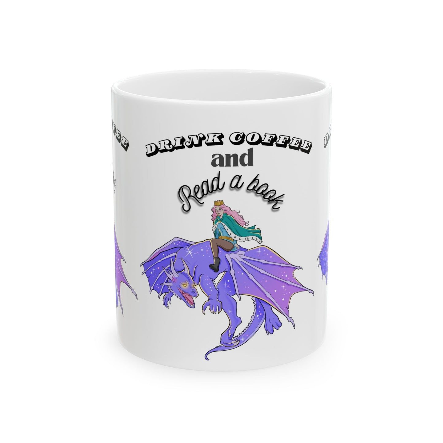 Ceramic Mug with Fantasy Design - Drink Coffee and Read a Book, Gift for Book Lovers, Fantasy Art Mug, Dragon Coffee Cup, Cozy Reading Gift