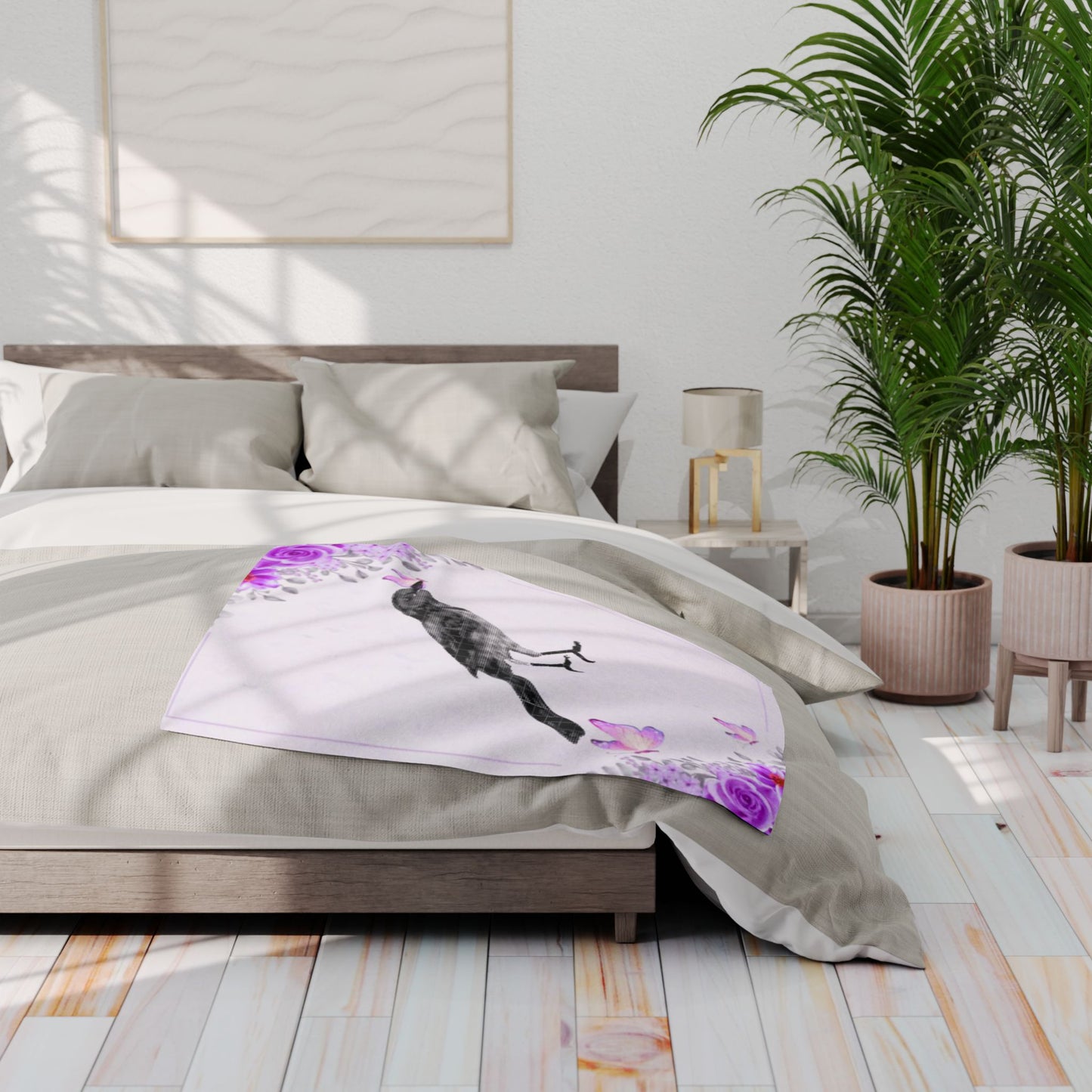 Cozy Floral Fleece Blanket with Bird Design, Gift for Nature Lovers, Throw Blanket, Purple Flower Blanket, Relaxation