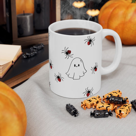 Cute Halloween Ghost and Spider Ceramic Mug, Spooky Coffee Cup, Halloween Decor, Ghost Lover Gift, 11oz, 15oz