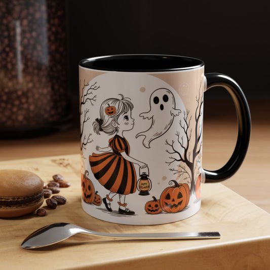 Halloween Accent Coffee Mug - Spooky Pumpkin Design, Ghost and Girl, Fall Decor, Perfect Gift for Halloween, Unique Ceramic Cup