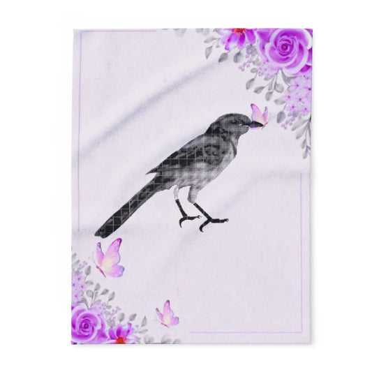 Cozy Floral Fleece Blanket with Bird Design, Gift for Nature Lovers, Throw Blanket, Purple Flower Blanket, Relaxation