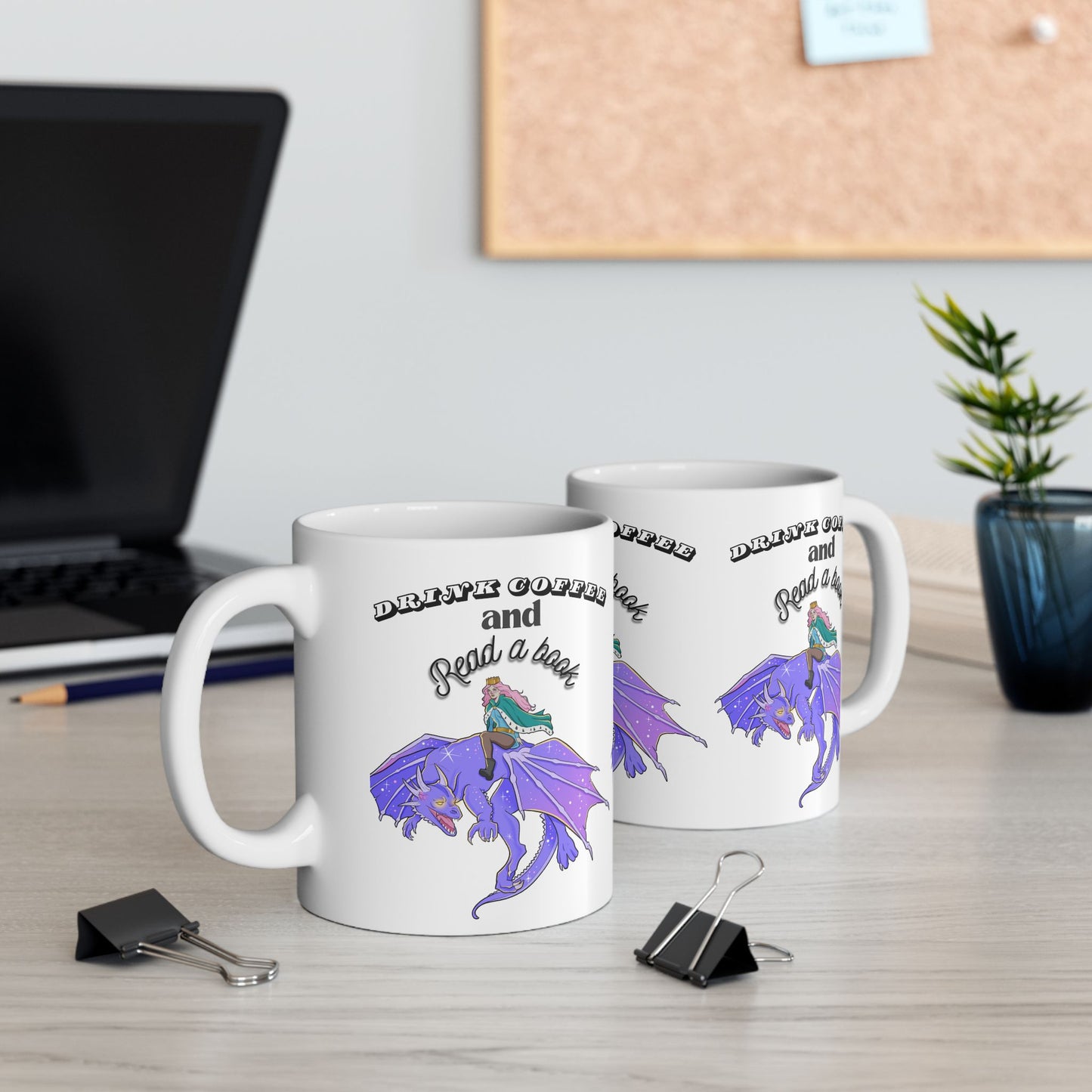 Ceramic Mug with Fantasy Design - Drink Coffee and Read a Book, Gift for Book Lovers, Fantasy Art Mug, Dragon Coffee Cup, Cozy Reading Gift