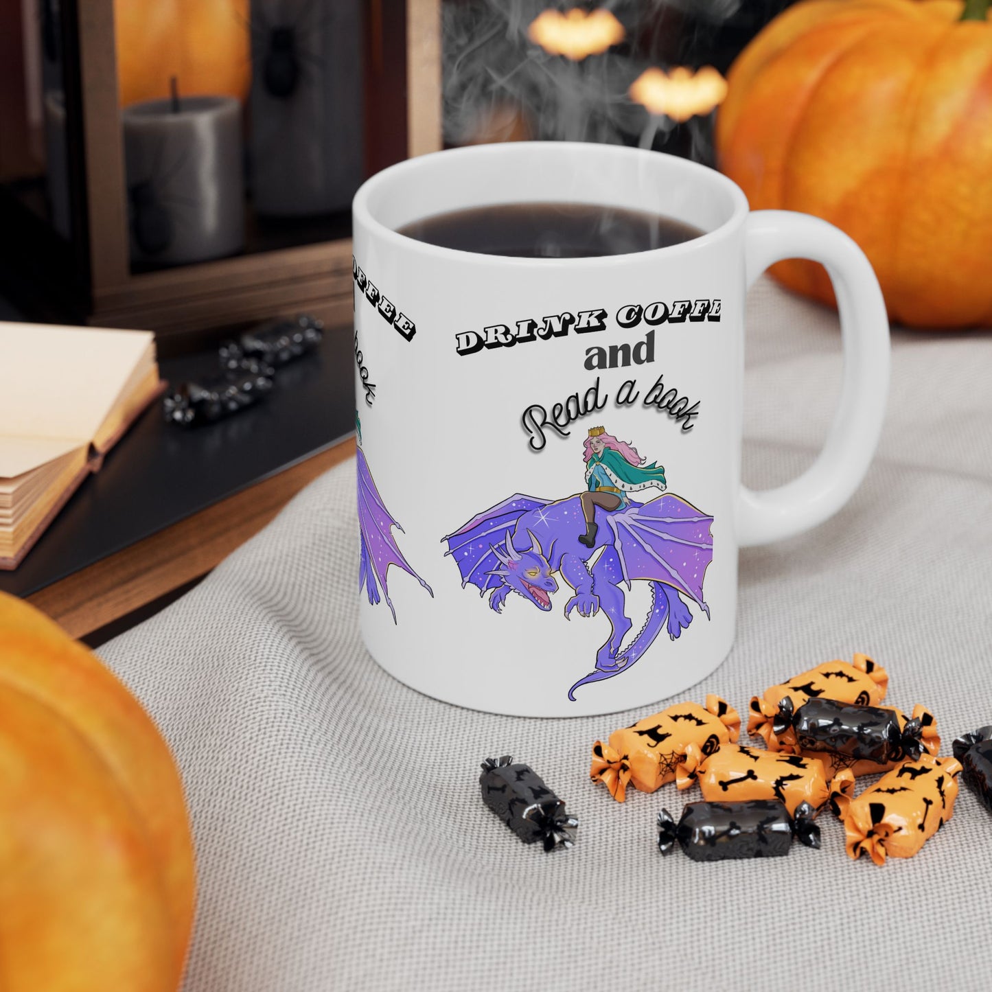 Ceramic Mug with Fantasy Design - Drink Coffee and Read a Book, Gift for Book Lovers, Fantasy Art Mug, Dragon Coffee Cup, Cozy Reading Gift