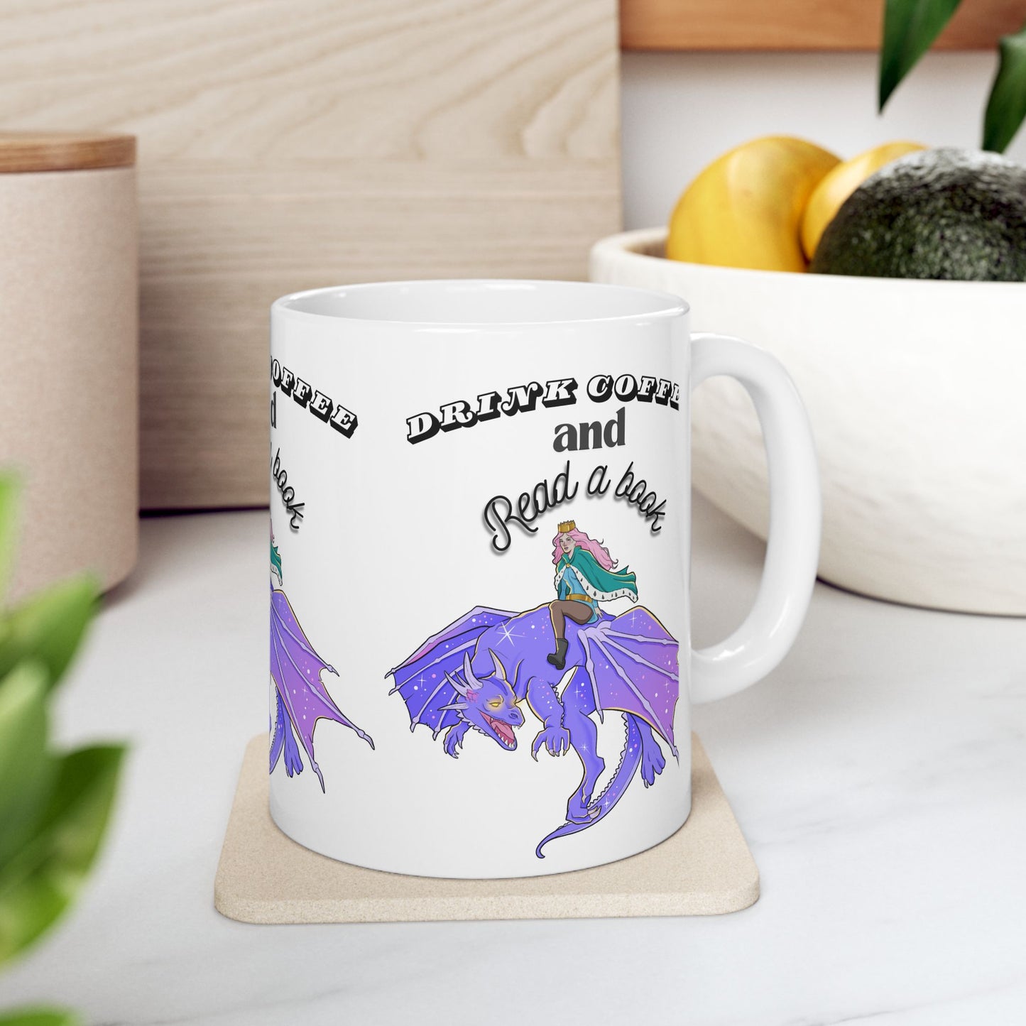 Ceramic Mug with Fantasy Design - Drink Coffee and Read a Book, Gift for Book Lovers, Fantasy Art Mug, Dragon Coffee Cup, Cozy Reading Gift