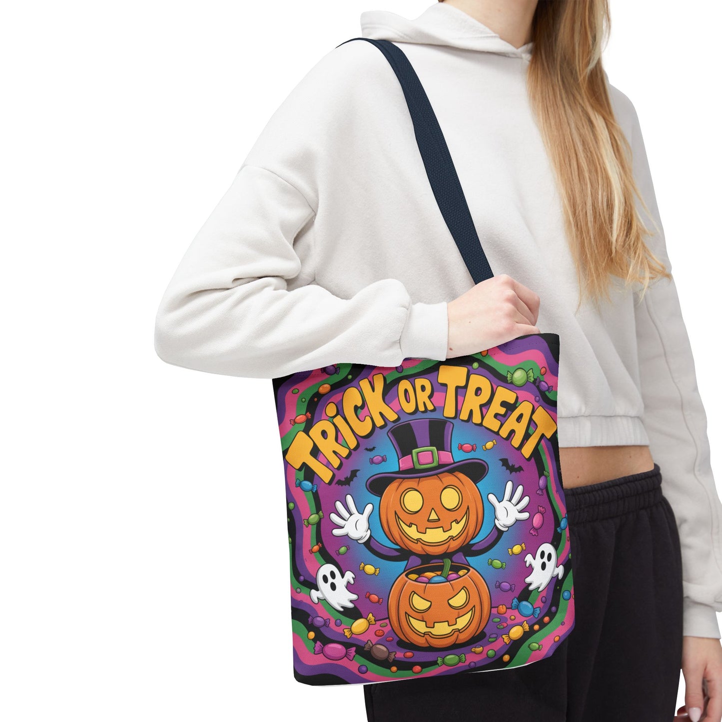 Halloween Trick or Treat Tote Bag, Spooky Autumn Shopping Bag, Pumpkin Design, Halloween Party Accessory, Reusable Gift Bag