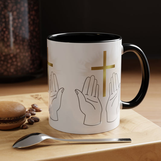 Faith-Inspired Accent Coffee Mug with Hands and Cross - Perfect Gift for Spiritual Gatherings, Daily Motivation, and Religious Celebrations