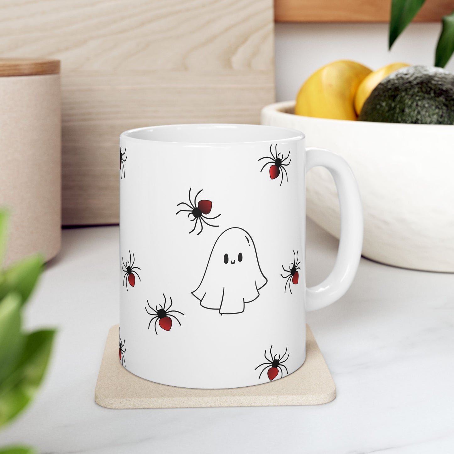 Cute Halloween Ghost and Spider Ceramic Mug, Spooky Coffee Cup, Halloween Decor, Ghost Lover Gift, 11oz, 15oz